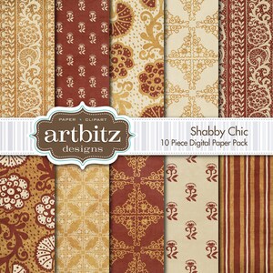 Shabby Chic, Vol. 1, 10 Piece Distressed Digital Scrapbooking Paper Pack, 12&quot;x12&quot;, 300 dpi .jpg, Instant Download!