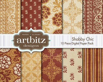 Shabby Chic, Vol. 1, agobiados de pieza 10 paquete de papel de Scrapbooking Digital, 12 "x 12", 300 dpi jpg, descarga inmediata!