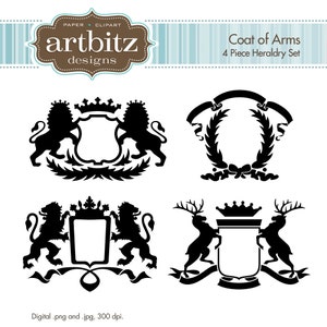 Coat of Arms, Set of 4, No. 20004 Heraldry Clip Art Kit, 300 dpi .jpg and .png, Instant Download!