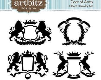 Coat of Arms, Set of 4, No. 20004 Heraldry Clip Art Kit, 300 dpi .jpg and .png, Instant Download!