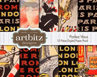 Parlez-Vous, pieza 10 paquete de papel de Scrapbooking Digital, 12 "x 12", 300 dpi jpg, descarga inmediata!