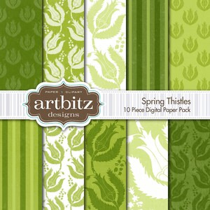 Spring Thistles 10 Piece Primitive Textured Digital Scrapbooking Paper Pack, 12&quot;x12&quot;, 300 dpi .jpg, Instant Download!