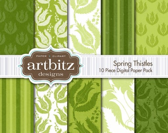 Spring Thistles 10 Piece Primitive Textured Digital Scrapbooking Paper Pack, 12"x12", 300 dpi .jpg, Instant Download!