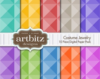 Costume Jewelry 10 Piece Faceted Digital Scrapbook Paper Pack, 12"x12", 300 dpi .jpg, Instant Download!