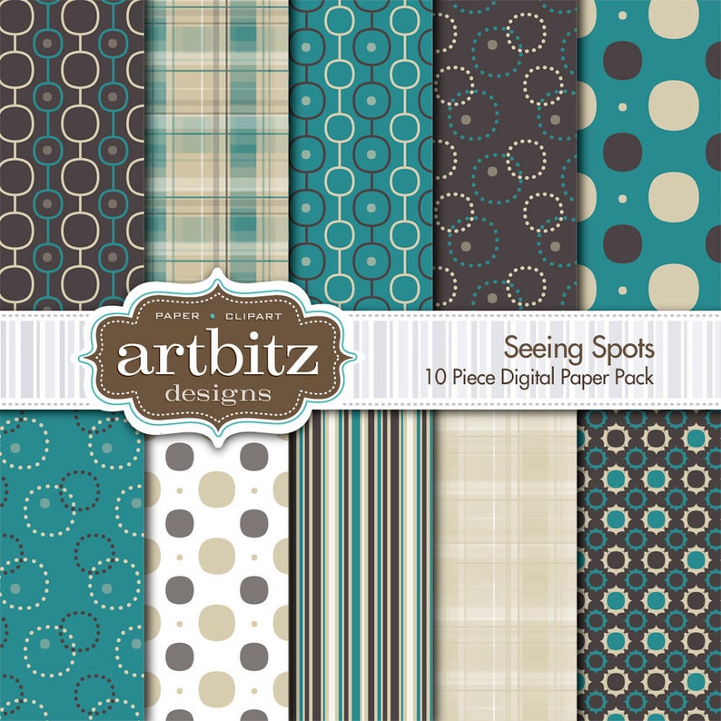 May include: A digital paper pack titled "Seeing Spots" featuring ten different patterns. The designs include geometric shapes, circles, and stripes in teal, brown, and beige. The "artbitz designs" logo is also visible.