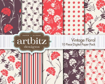 Vintage Floral 10 Piece Digital Scrapbooking Paper Pack, 12"x12", 300 dpi .jpg, Instant Download!