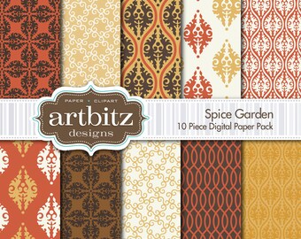 Spice Garden Damask 10 Piece Digital Scrapbooking Paper Pack, 12"x12", 300 dpi .jpg, Instant Download!