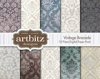 Vintage Brocade Damask 10 Piece Heavily Distressed & Textured Digital Scrapbooking Paper Pack, 12"x12", 300 dpi .jpg, Instant Download!