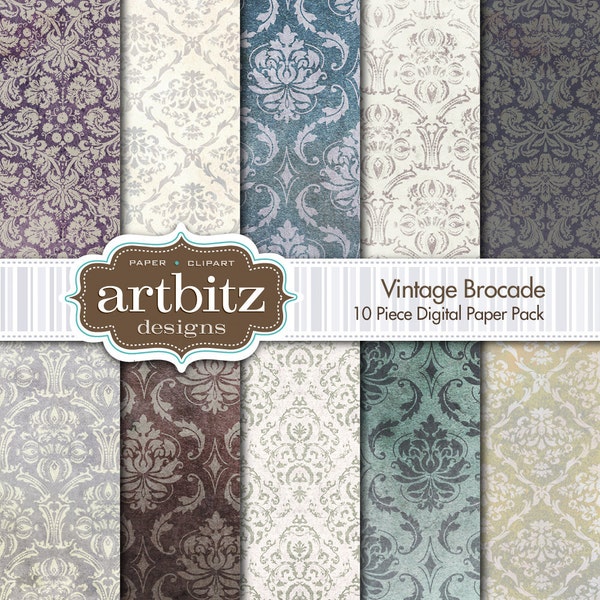 Vintage Brocade Damask 10 Piece Heavily Distressed & Textured Digital Scrapbooking Paper Pack, 12"x12", 300 dpi .jpg, Instant Download!