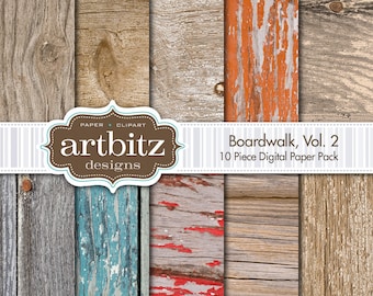 Boardwalk, Vol. 2, 10 Piece Wood Texture Digital Scrapbooking Paper Pack, 12"x12", 300 dpi .jpg, Instant Download!