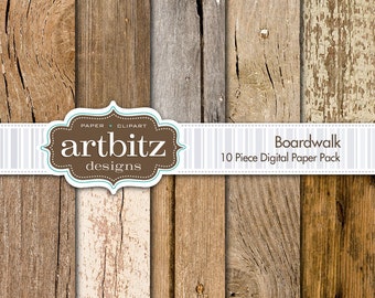 Boardwalk, Vol. 1 10 Piece Wood Texture Digital Scrapbooking Paper Pack, 12"x12", 300 dpi .jpg, Instant Download!