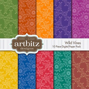Wild Vines 10 Piece Digital Scrapbook Paper Pack, 12&quot;x12&quot;, 300 dpi .jpg, Instant Download!