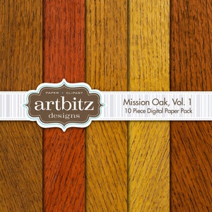 Mission Oak 10 Piece Wood Texture Digital Scrapbooking Paper Pack, 12&quot;x12&quot;, 300 dpi .jpg, Instant Download!