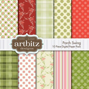 Porch Swing 10 Piece Digital Scrapbook Paper Pack, 12&quot;x12&quot;, 300 dpi .jpg, Instant Download!