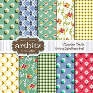 Garden Trellis 10 Piece Digital Scrapbooking Paper Pack, 12&quot;x12&quot;, 300 dpi .jpg, Instant Download!