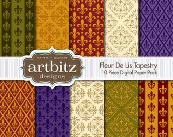 Pack para papel Scrapbooking Digital de Fleur De Lis tapiz piezas 10, 12 "x 12", 300 dpi jpg, descarga inmediata!