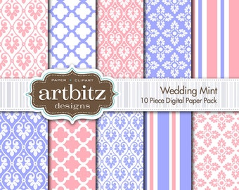 Wedding Mint Damask 10 Piece Digital Scrapbooking Paper Pack, 12"x12", 300 dpi .jpg, Instant Download!