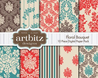 Ramo floral Damask 10 piezas paquete de papel de Scrapbooking Digital 12 "x 12", jpg de 300 dpi, descargar instantánea!
