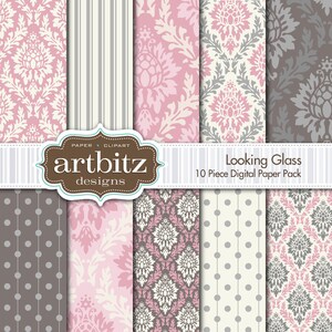 Looking Glass Damask 10 Piece Digital Scrapbooking Paper Pack, 12&quot;x12&quot;, 300 dpi .jpg, Instant Download!