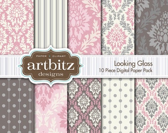 Looking Glass Damask 10 Piece Digital Scrapbooking Paper Pack, 12"x12", 300 dpi .jpg, Instant Download!