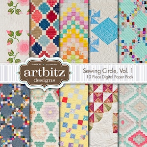 Sewing Circle, Vol. 1, 10 Piece Quilt Pattern Digital Scrapbooking Paper Pack, 12"x12", 300 dpi .jpg, Instant Download!