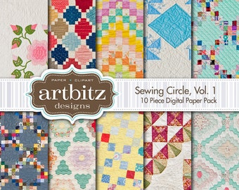 Sewing Circle, Vol. 1, 10 Piece Quilt Pattern Digital Scrapbooking Paper Pack, 12"x12", 300 dpi .jpg, Instant Download!