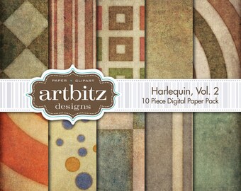 Harlequin Vol. 2, 10 Piece Distressed Digital Scrapbooking Paper Pack, 12"x12", 300 dpi .jpg, Instant Download!