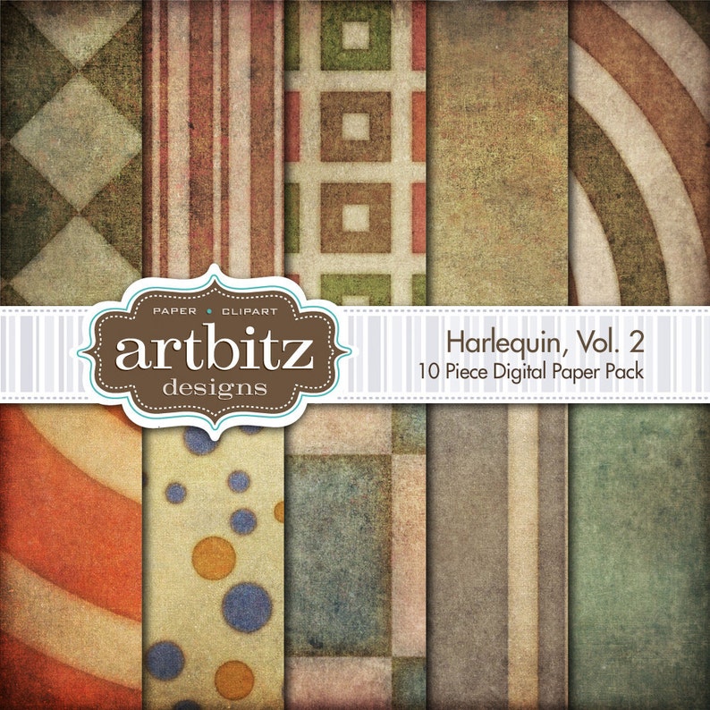 Harlequin Vol. 2, 10 Piece Distressed Digital Scrapbooking Paper Pack, 12x12, 300 dpi .jpg, Instant Download image 1