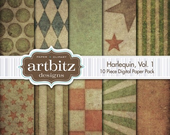 Harlequin Vol. 1, 10 Piece Distressed Digital Scrapbooking Paper Pack, 12"x12", 300 dpi .jpg, Instant Download!