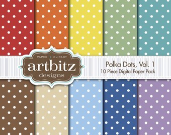 Polka Dots Vol. 1, 10 Piece Digital Scrapbook Paper Pack, 12"x12", 300 dpi .jpg, Instant Download!