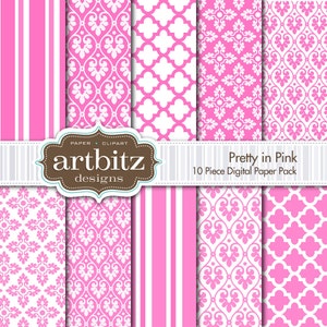 Pretty in Pink Damask 10 Piece Digital Scrapbooking Paper Pack, 12x12, 300 dpi .jpg, Instant Download image 1