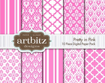 Pretty in Pink Damask 10 Piece Digital Scrapbooking Paper Pack, 12"x12", 300 dpi .jpg, Instant Download!