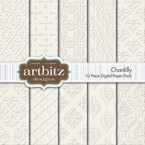 May include: A digital paper pack with 10 different patterns featuring a white background with a subtle embossed design in a light grey colour. The pack is called "Chantilly" and is from the company "artbitz designs".