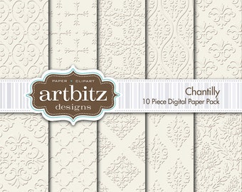 Chantilly Damasco 10 pieza realza textura paquete de papel de Scrapbooking Digital, 12 "x 12", 300 dpi jpg, descarga inmediata!