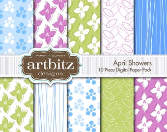 April Showers 10 Piece Digital Scrapbooking Paper Pack, 12"x12", 300 dpi .jpg, Instand Download!