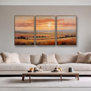 Vintage Fall Sunrise Triptych Landscape Print, Muted Scenery Wall Art (Digital Download)
