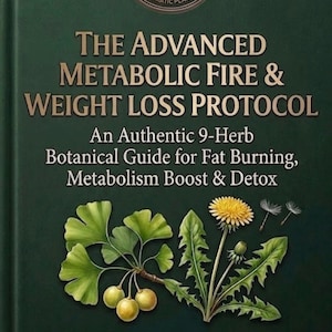 May include: A dark green book cover titled The Advanced Metabolic Fire & Weight Loss Protocol: An Authentic 9-Herb Botanical Guide for Fat Burning, Metabolism Boost & Detox. It features a circular emblem, ginkgo leaves, and a dandelion illustration.