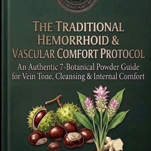 May include: A dark green book cover titled The Traditional Hemorrhoid & Vascular Comfort Protocol. It features a circular logo with a mortar and pestle, illustrations of spiky horse chestnuts, brown nuts, and a pink flowering plant with a root.