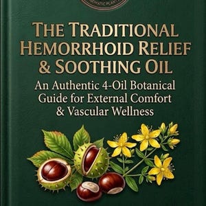 May include: A dark green book cover titled The Traditional Hemorrhoid Relief & Soothing Oil. It features a circular logo, illustrations of horse chestnuts and yellow flowers, and text stating it is an authentic 4-oil botanical guide.