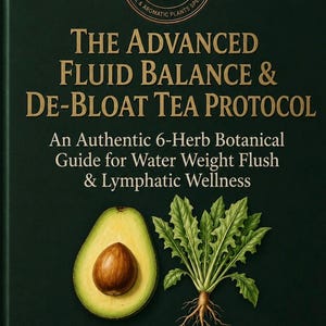 Pode incluir: Uma capa de livro verde-escura intitulada The Advanced Fluid Balance & De-Bloat Tea Protocol. Apresenta um logótipo circular com um almofariz e pilão, um abacate cortado ao meio e uma planta de dente-de-leão. O texto inclui An Authentic 6-Herb Botanical Guide.
