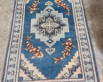 Hand Knotted Blue Wool Rug, Geometric Medallion Area Rug, Handmade Carpet