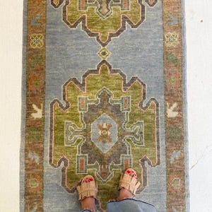 May include: A rectangular runner rug featuring a light blue field with two large, symmetrical geometric medallions in olive green, charcoal, and orange. The rug is framed by a brown border with repeating small floral and geometric motifs.
