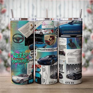 May include: A cylindrical stainless steel tumbler with a metal straw, featuring a collage of Porsche car graphics, technical diagrams, the Porsche logo, and the text "Need for Porsche" and "GT3 RS" printed in a vibrant, multi-coloured design.