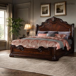 Cama Queen tradicional de nogal Bathory / Estructura de cama Queen de madera clásica / Muebles de dormitorio / Cama Queen de nogal / Estructura de cama Queen