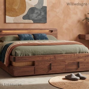 Bali King-Stauraumbett mit Schubladen | King-Stauraumbett | Massives Kiefernholz-King-Stauraumbett | Holz-Stauraumbett | Wandmontiertes Kopfteil