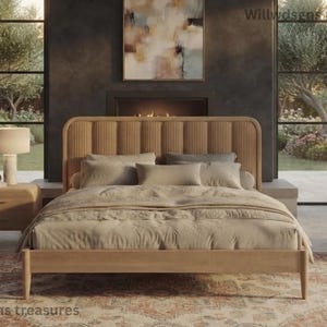 Queen Size - Acacia Wood Bedframe with Headboard | Art Deco Inspired Design Platform Bed | Acacia Wood Bed