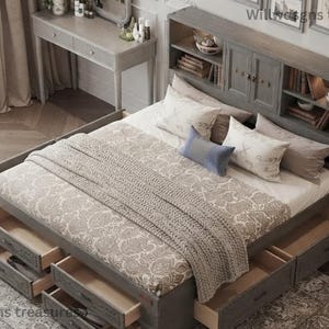 Estructura de cama King Size con cabecero y 8 cajones / Cama King con almacenamiento / Cama con cabecero y almacenamiento / Cama de madera con almacenamiento