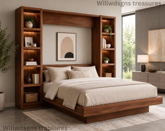 Easy Lift Queen Murphy Wall Bed | Brown Wood Grain Space | Saving Cabinet Bed | Queen Murphy Bed | Bed With Bookshelves