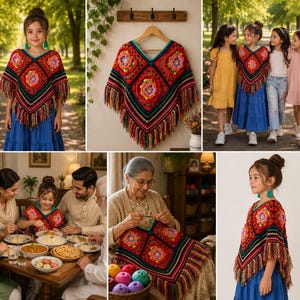 May include: A handmade crochet poncho featuring a vibrant granny square pattern in red, orange, yellow, purple, and green. The garment has a V-neckline, a black border, and a long, multi-colored fringe along the bottom hem, creating a textured look.