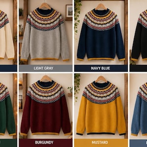 May include: A collection of eight long-sleeve sweaters displayed in a grid, each featuring a round neckline and a decorative yoke with a geometric pattern in red, white, and yellow. The sweaters are available in cream, light gray, navy blue, black, forest green, burgundy, mustard, and denim blue.